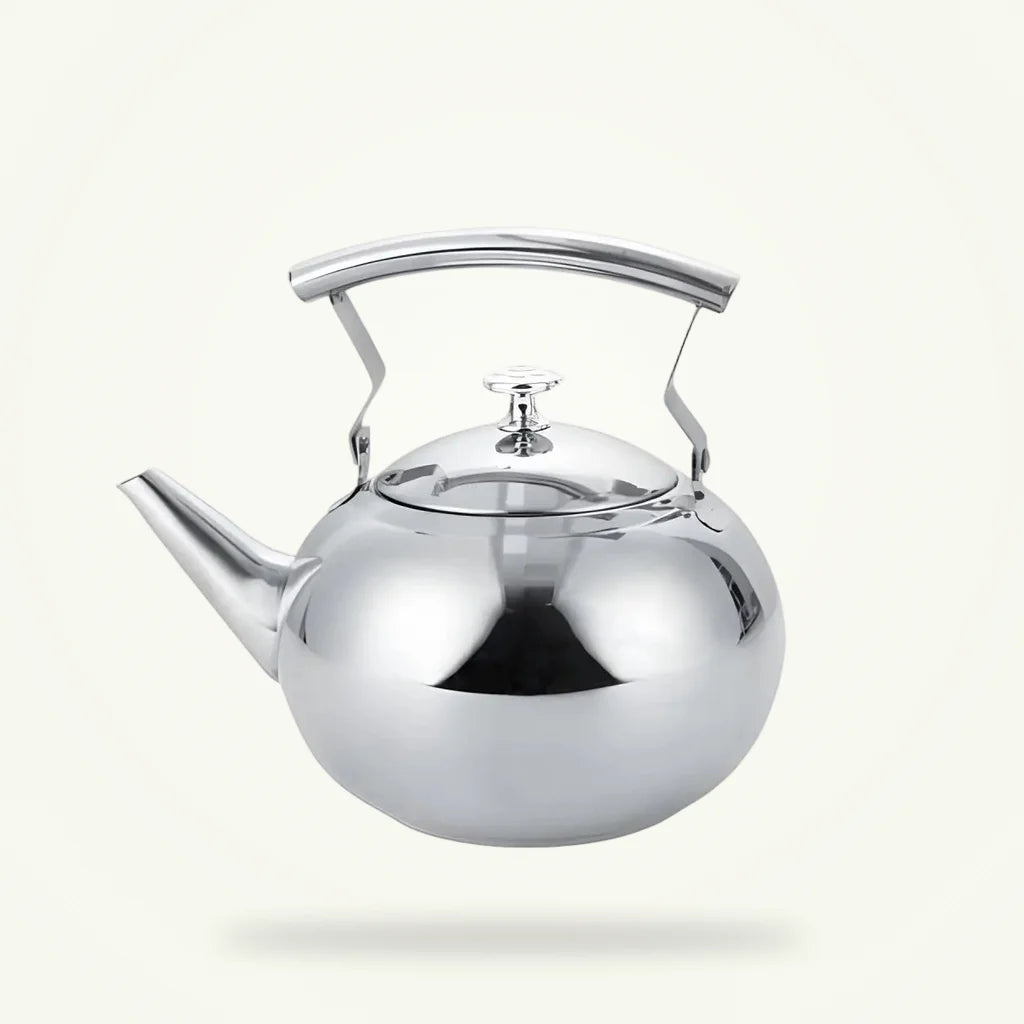 Stainless steel teapot with built-in filter on plain background, brushed silver finish