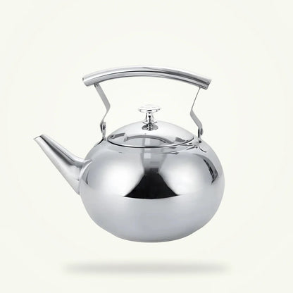 Stainless steel teapot with built-in filter on plain background, brushed silver finish