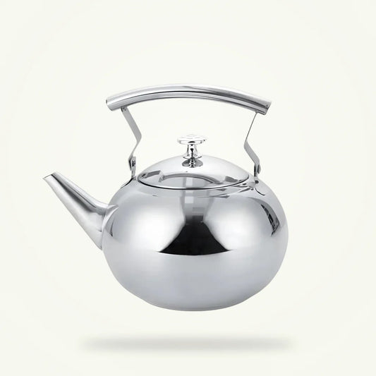 Stainless steel teapot with built-in filter on plain background, brushed silver finish