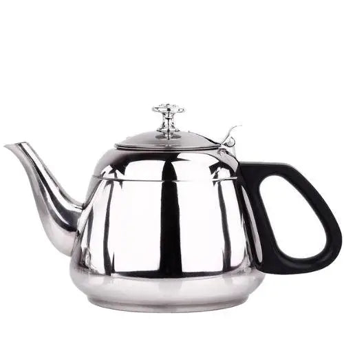 Stainless steel teapot with built-in filter on white background
