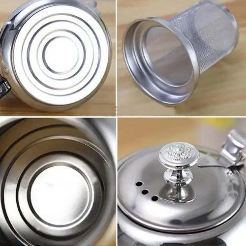 Stainless steel teapot parts laid out showing lid, body, and filter