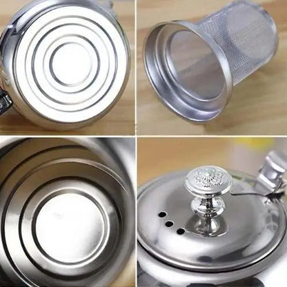 Stainless steel teapot parts laid out showing lid, body, and filter