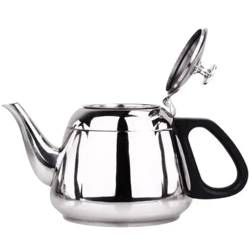 Stainless steel teapot lid open showing wide mouth opening