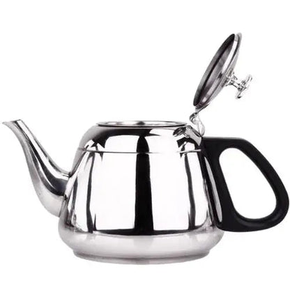 Stainless steel teapot lid open showing wide mouth opening