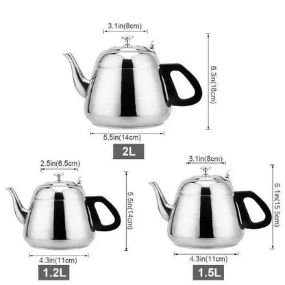 Three stainless steel teapot sizes shown side by side for scale