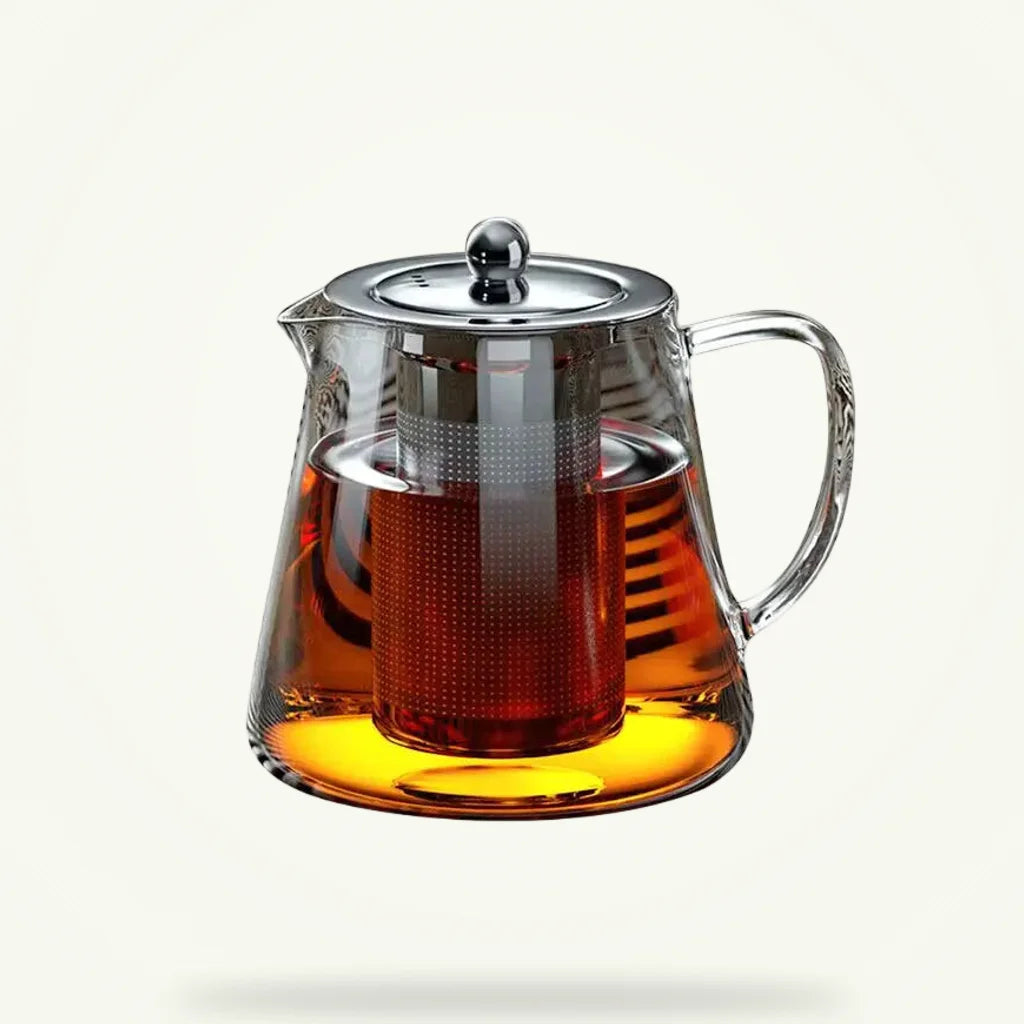 Stainless steel teapot with removable infuser basket, clean product shot on white background
