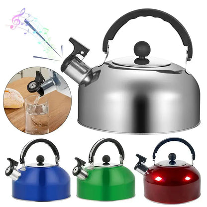 Stainless steel teapot with folding handle on a camp gas stove