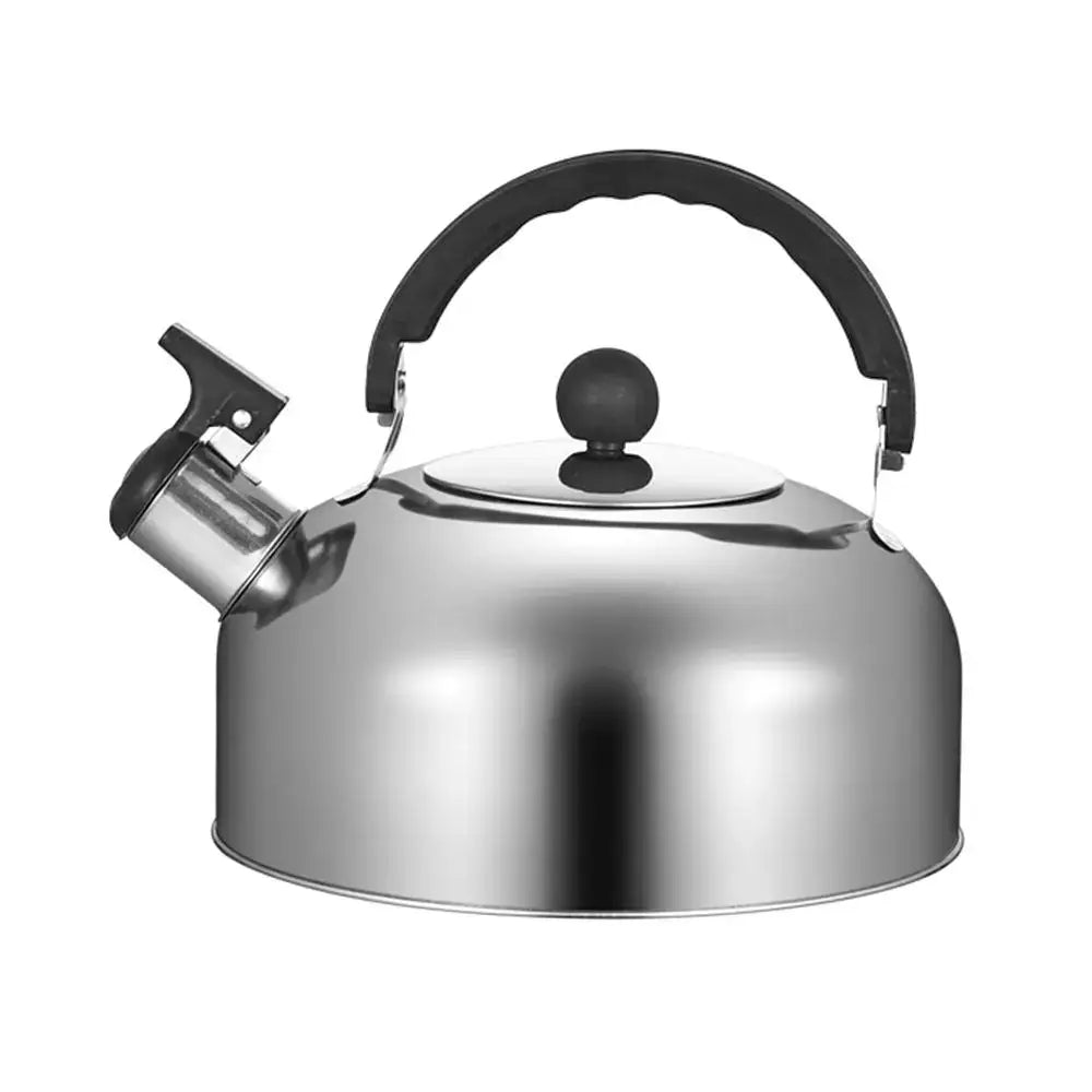 Silver stainless steel folding-handle travel teapot, side view