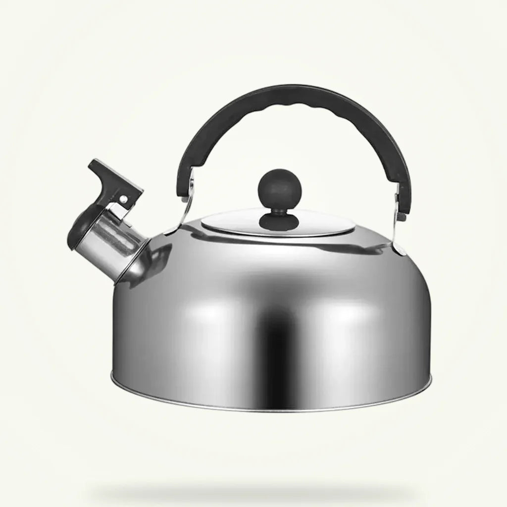 Stainless steel travel teapot with folding handle, silver, product shot