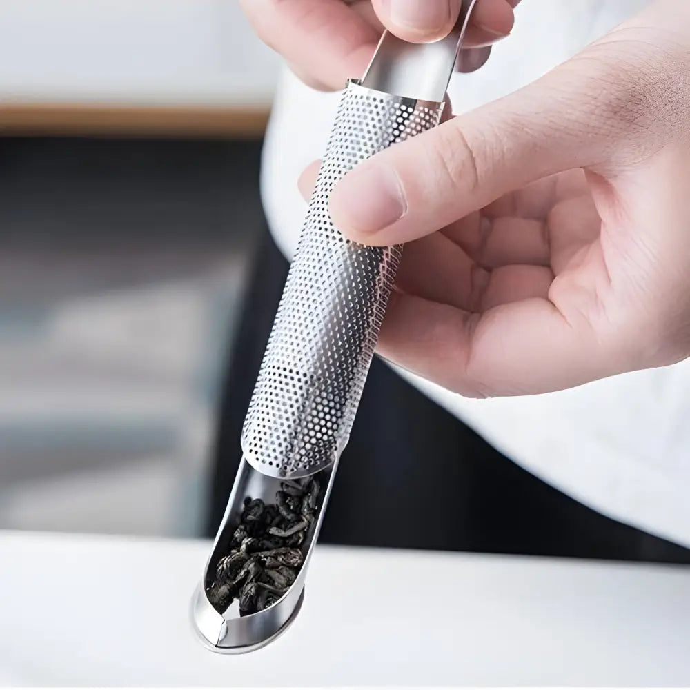 Stainless steel tube loose leaf tea infuser product view on white