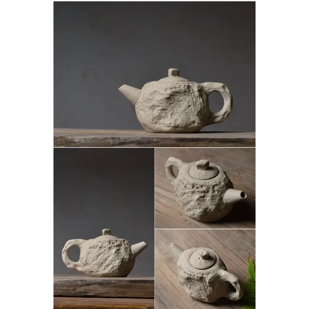 Stone style teapot spout and cup handle detail, earthy matte glaze