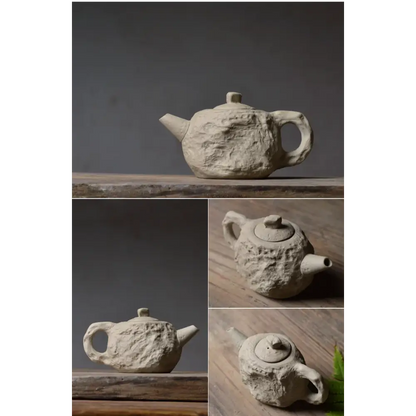 Stone style teapot spout and cup handle detail, earthy matte glaze