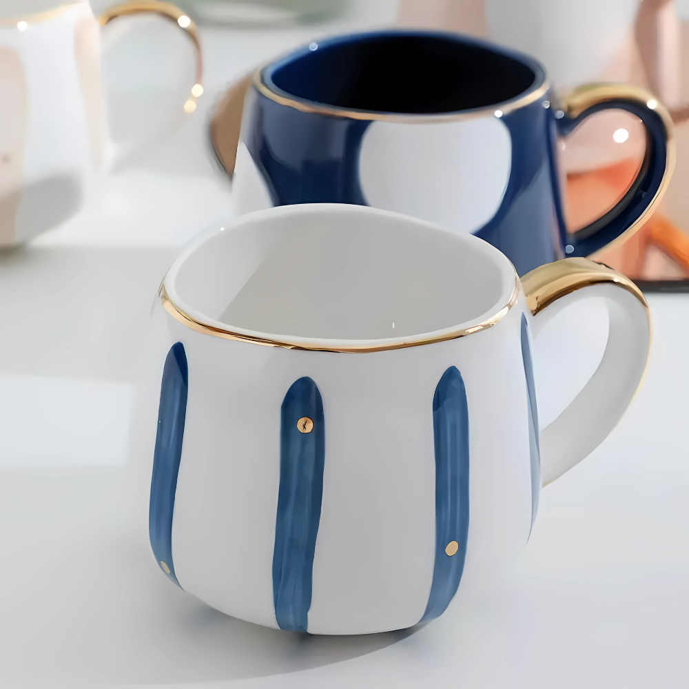 Striped porcelain tea cup on kitchen counter