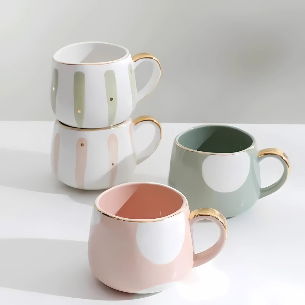 Striped porcelain tea cup filled with tea on a wooden table, warm light