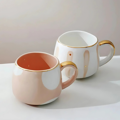 Close-up of fired glaze stripes on porcelain tea cup handle detail