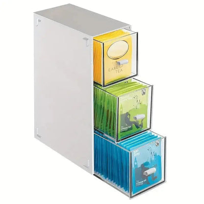 Open tea drawer organizer showing individual compartments for tea bags