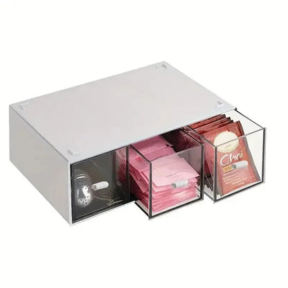 Tea bag storage box with slide-out drawer, white finish, side angle