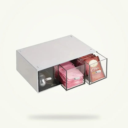 Tea drawer organizer box for tea bags and coffee packets, white, front view