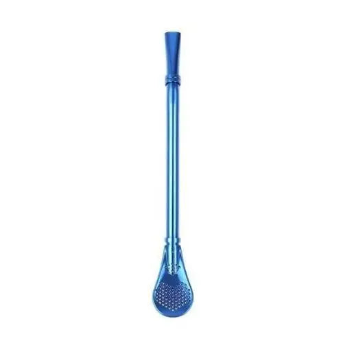 Blue tea infuser spoon steeping loose leaf tea in ceramic mug