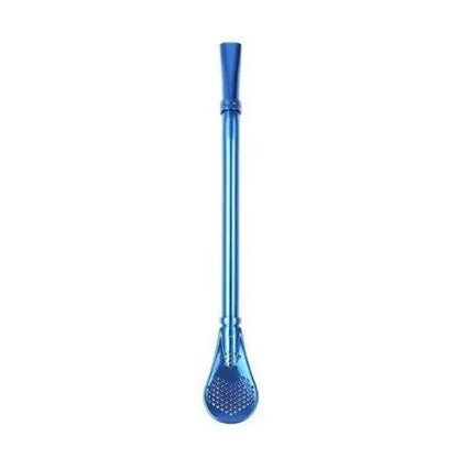 Blue tea infuser spoon steeping loose leaf tea in ceramic mug