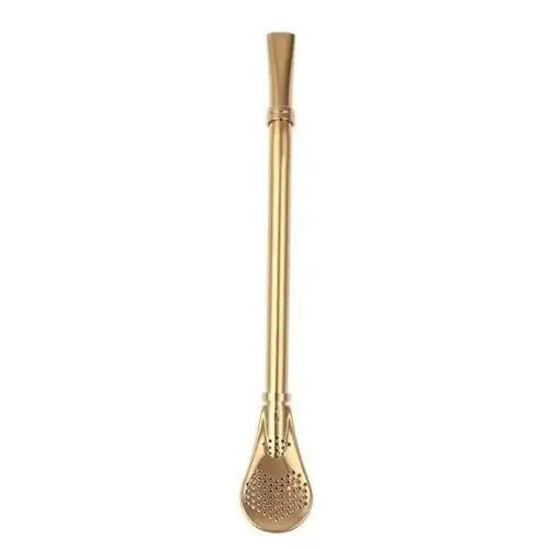 Gold finish stainless steel tea strainer spoon close-up