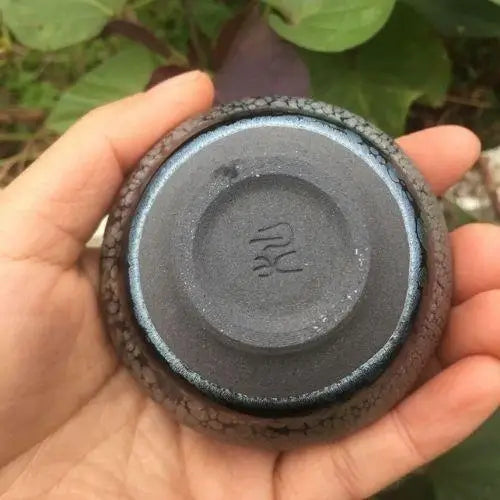Handmade Japanese tenmoku tea cup, unique kiln-fired glaze pattern