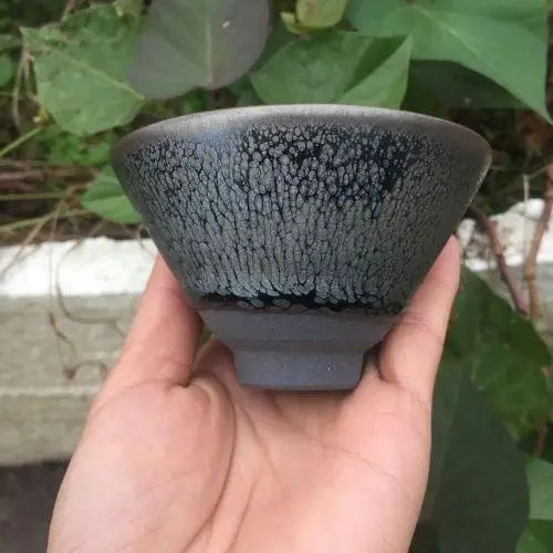 Handcrafted Japanese matcha bowl unique Tenmoku glaze pattern detail