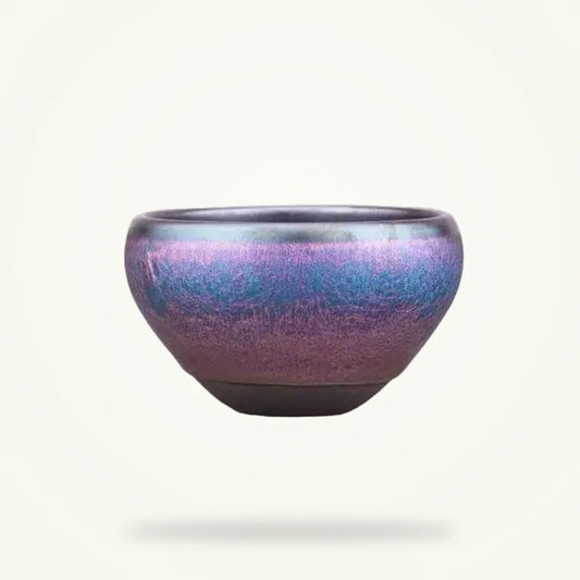 Tenmoku matcha bowl handmade ceramic chawan by Granny Lulu, front view on neutral background