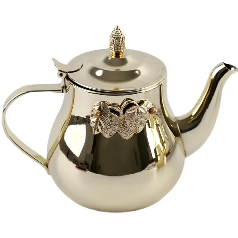 Arabic induction teapot, stainless steel body with curved spout, front view