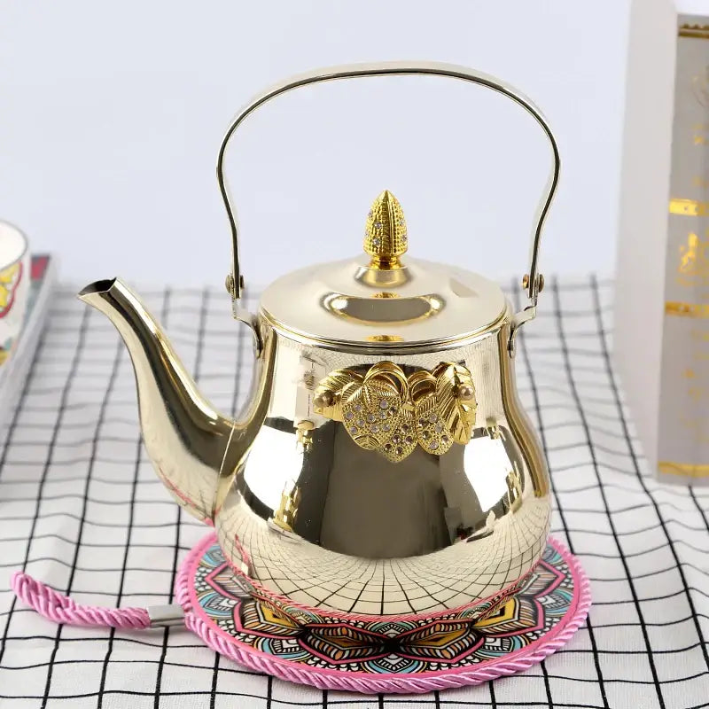 Arabic teapot with hinged lid open, induction-compatible stainless steel