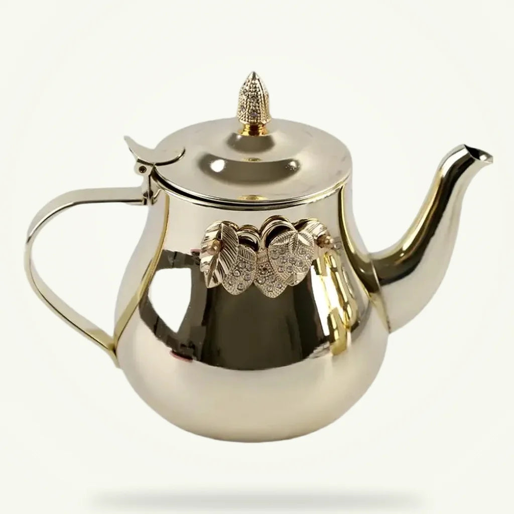 Traditional Arabic teapot for induction cooktops, stainless steel, packshot on plain background