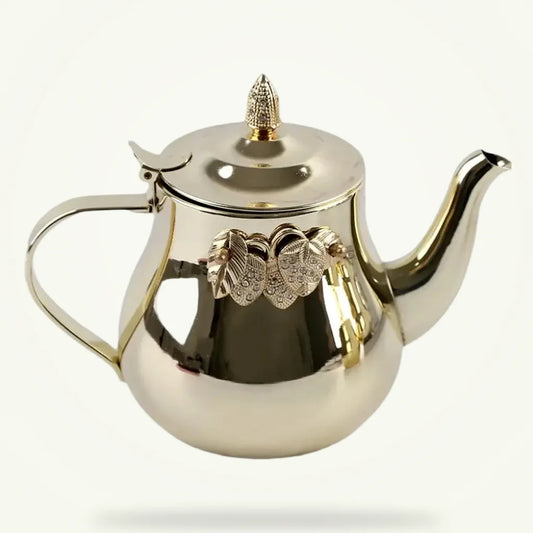 Traditional Arabic teapot for induction cooktops, stainless steel, packshot on plain background