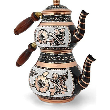 Close-up of copper caydanlik upper brewing pot showing brass handle and tin-lined interior