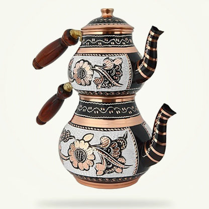 Traditional Turkish copper teapot set 0.5L and 0.9L, full product view on plain background