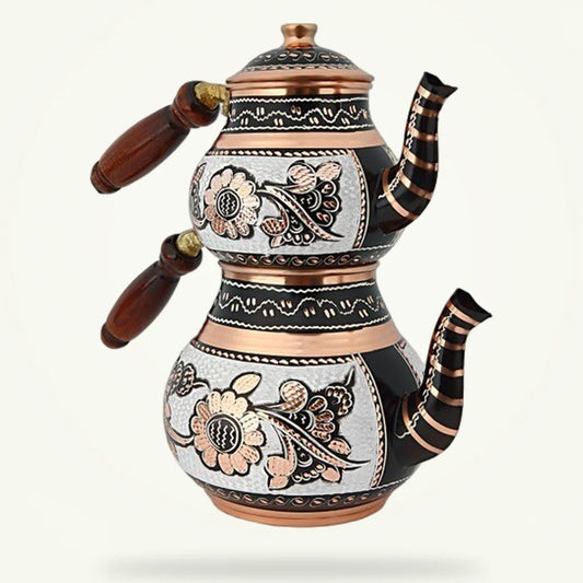 Traditional Turkish copper teapot set 0.5L and 0.9L, full product view on plain background