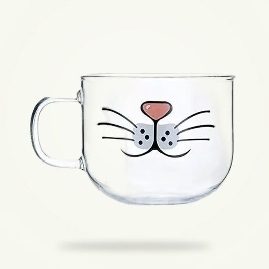 Transparent Cat Mustache Tea Cup - 500ml Glass Mug, product photo on a plain background