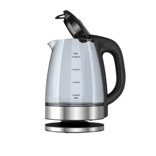 Clear glass electric kettle showing water level