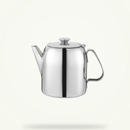 Tunisian stainless steel teapot with infuser on plain background, polished finish