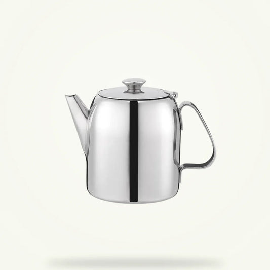 Tunisian stainless steel teapot with infuser on plain background, polished finish