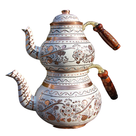 Turkish teapot two-tier ceramic white with copper accents