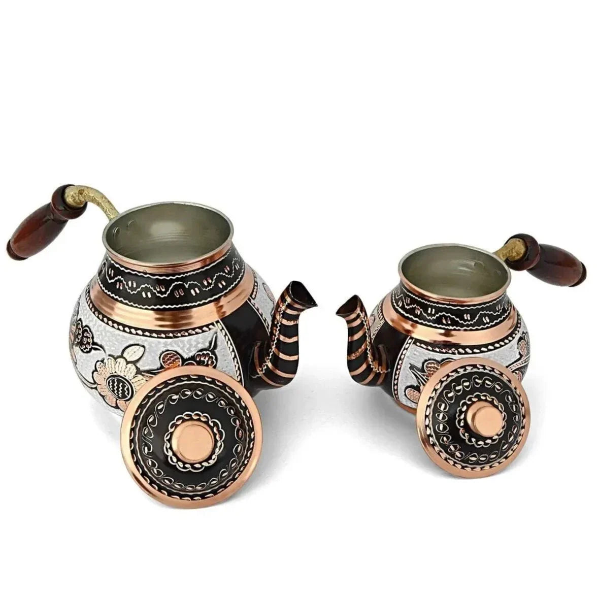 Two-tier Turkish teapot set showing upper and lower pots separated