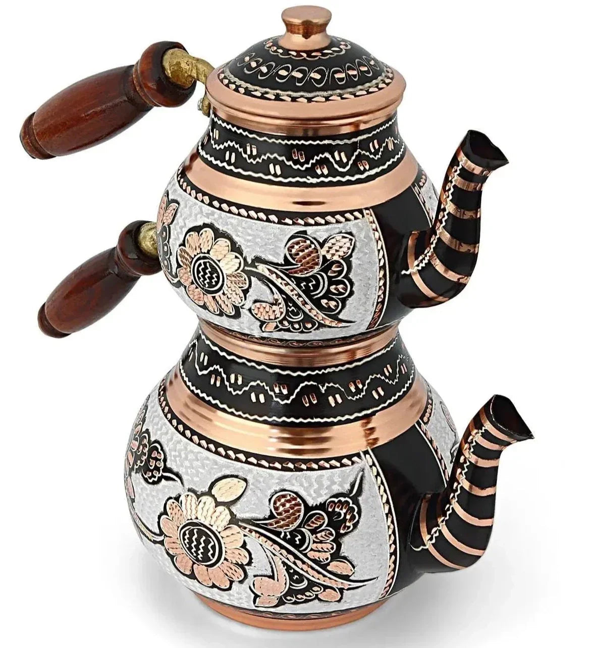 Traditional Turkish çaydanlık with auburn glaze side profile