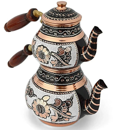 Traditional Turkish çaydanlık with auburn glaze side profile