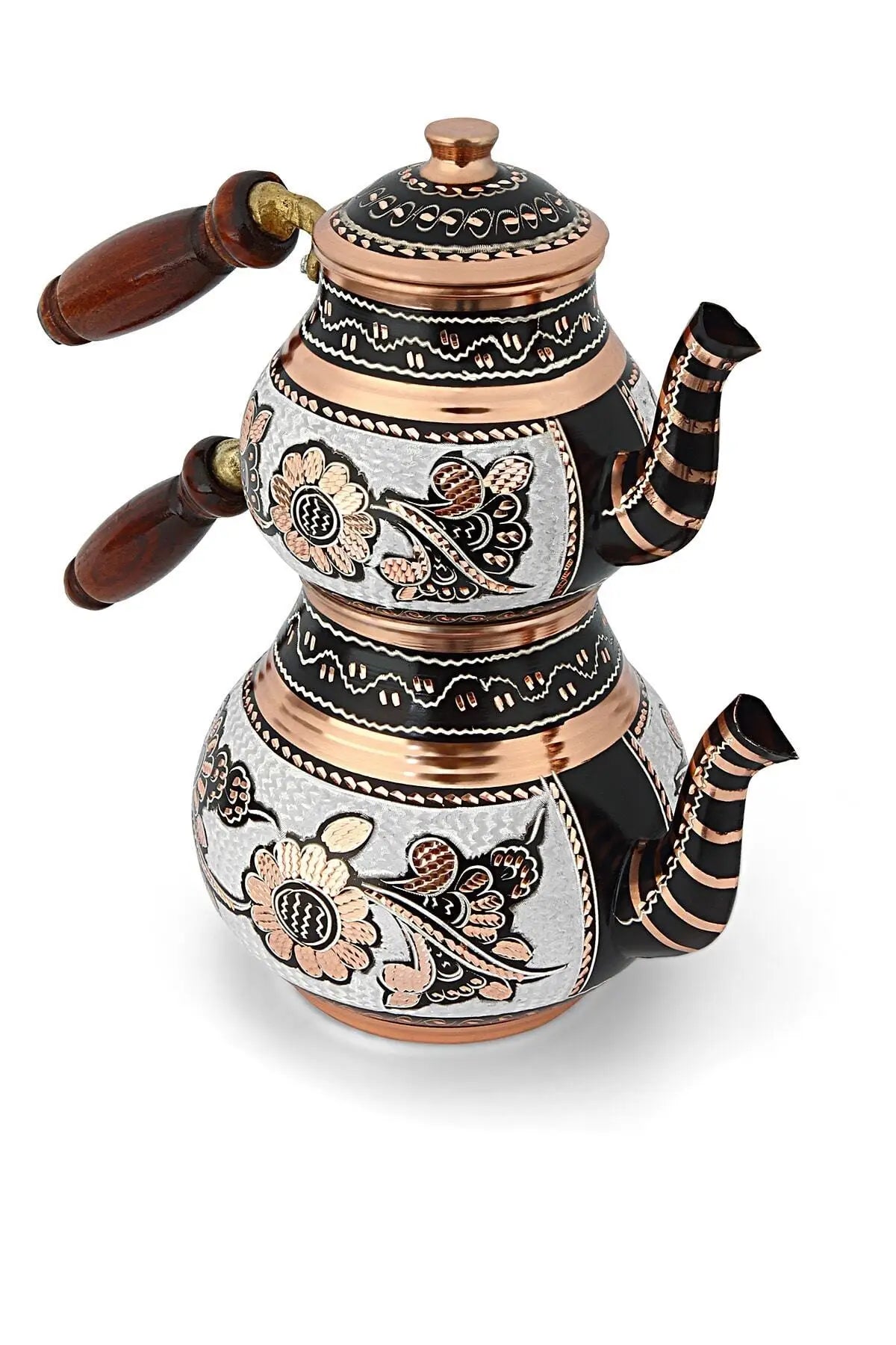 Turkish teapot set auburn and copper glaze multicolor detail shot