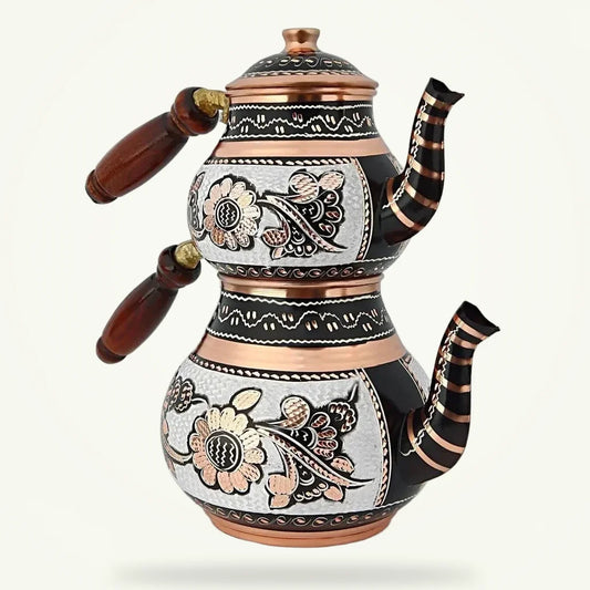 Turkish teapot 2-tier set Auburn glaze full product view