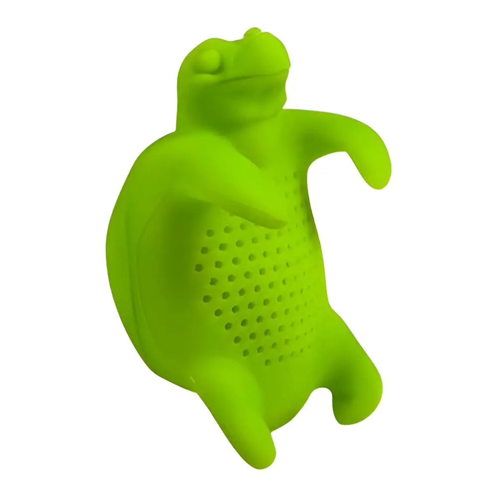 Silicone turtle shaped loose leaf tea strainer on a wooden surface