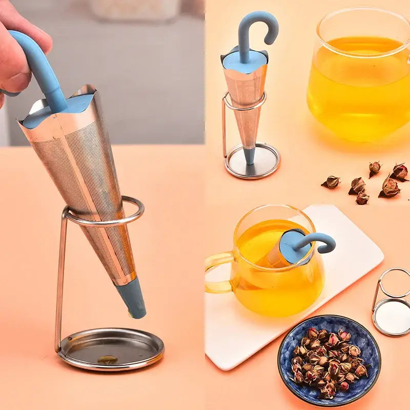 Umbrella tea infuser with tea leaves inside