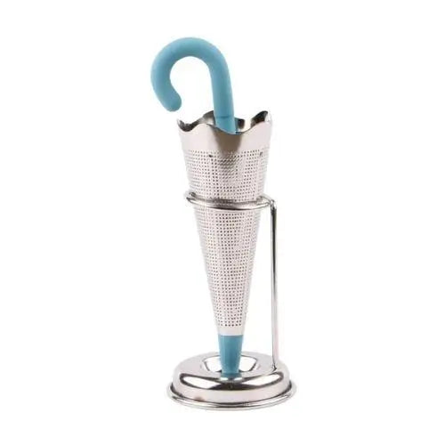 Umbrella tea infuser showing silicone grip handle and steel mesh basket