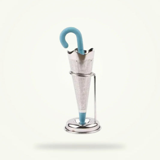 Umbrella tea infuser stainless steel with drip tray on white background