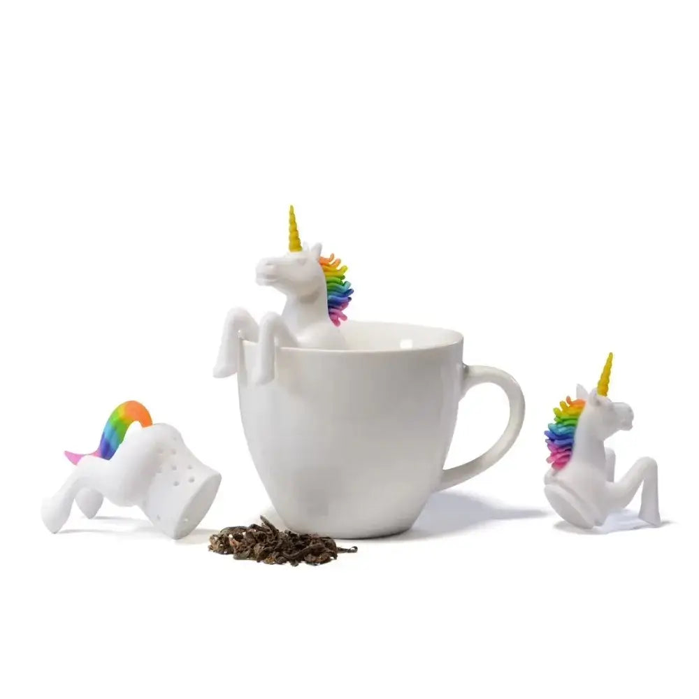 Unicorn tea infuser floating in a cup of tea